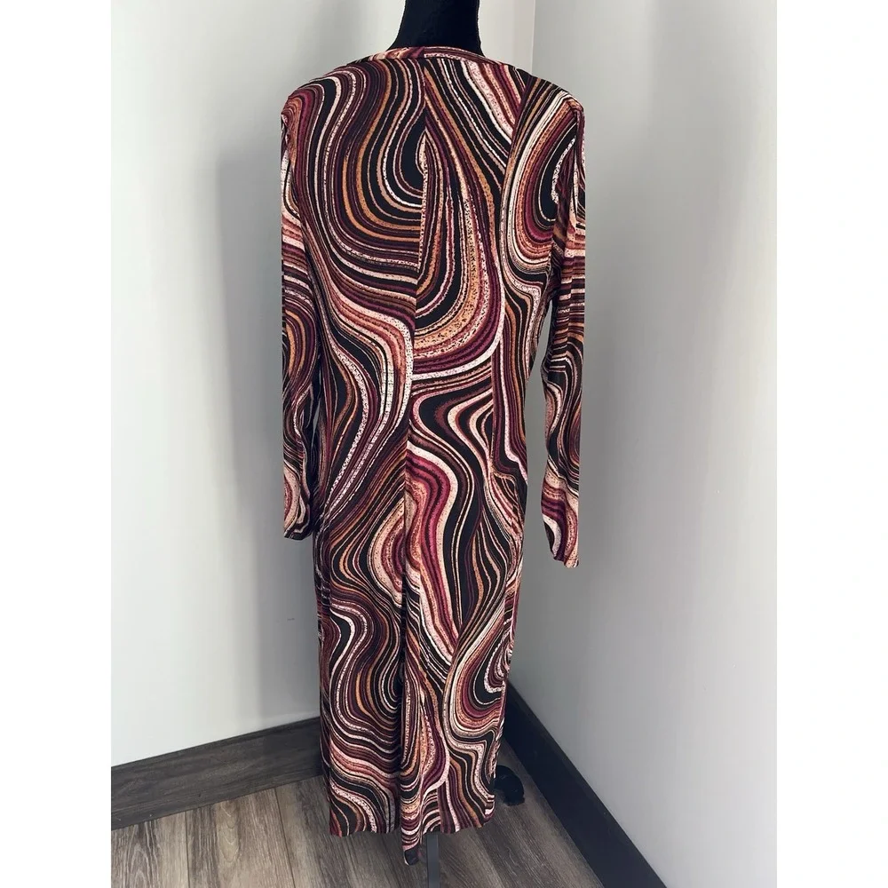 Nine West 2X Sheer Sleeves Overlay Ripple Midi Dress Ruched‎ Waist Pink Black